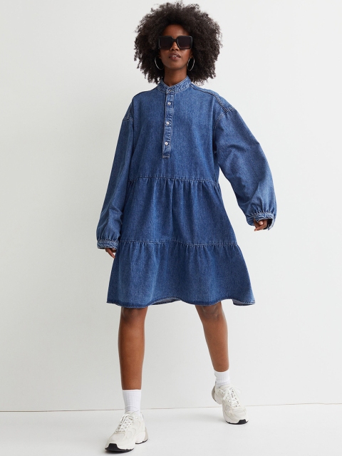 

H&M Women Blue Mandarin Collar Pure Cotton Short Denim Dress