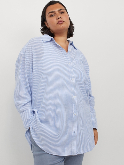 

H&M+ Women Blue & White Striped Linen-Blend Shirt