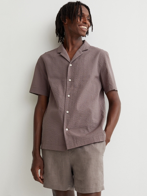

H&M Men Brown Solid Regular Fit Premium Cotton Resort Shirt