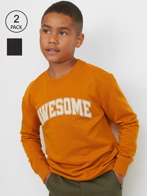 

H&M Kids Boys Pack of 2 Black & Orange Printed Solid Sweatshirt