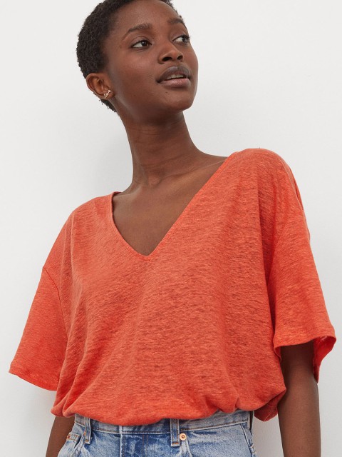 

H&M Women Orange Coloured Linen T-shirt