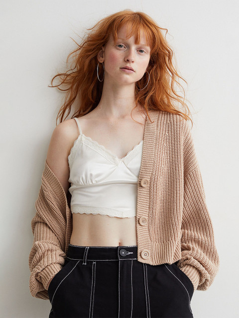 

H&M Women Beige Rib-Knit Cardigan