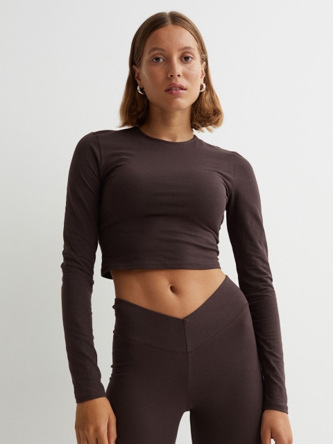 

H&M Brown Solid Cut-Out Long Sleeves Cropped Top