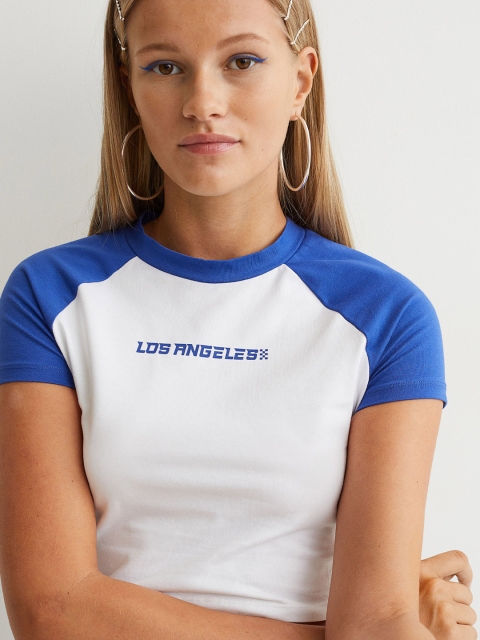 

H&M White & Blue Typography Printed Cropped Jersey Top