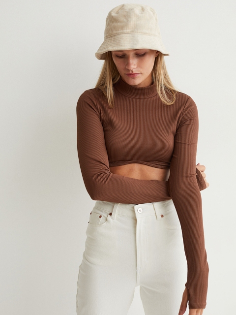 

H&M Women Brown Long Sleeved Cropped Top