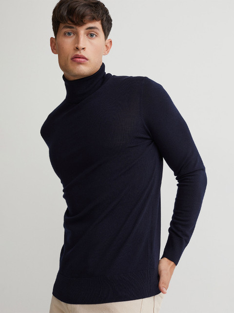 

H&M Men Black Solid Merino Wool Polo-Neck Jumper, Navy blue