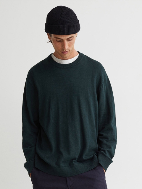 

H&M Men Green Solid Pure Cotton Slub-Knit Jumper