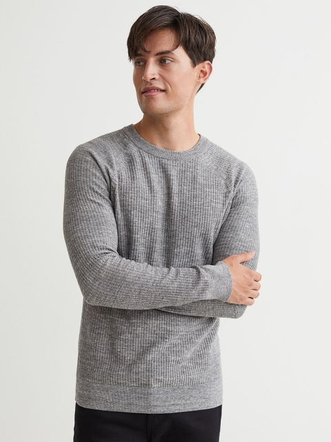 

H&M Men Grey Ribbed Knitted Jumper Pure Cotton Muscle Fit