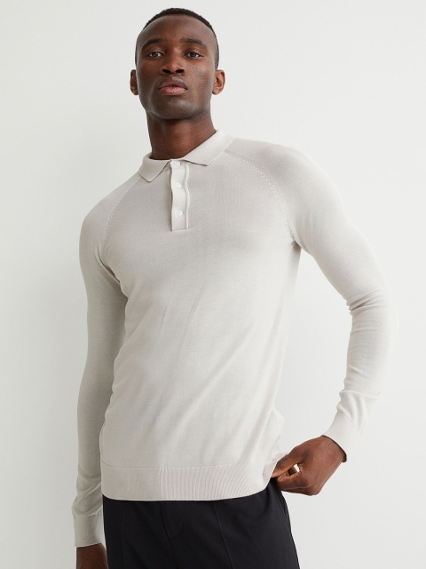 

H&M Men Cream Coloured Muscle Fit Polo Shirt