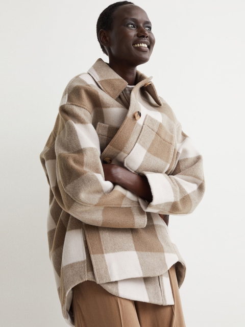 

H&M Women Beige & Brown Oversized Shirt Jacket