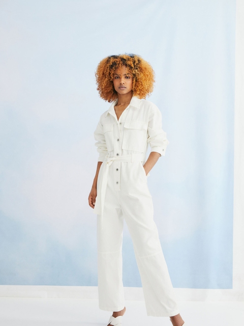 

H&M Women White Solid Pure Cotton Twill Boiler Suit With Waist Tie-Ups