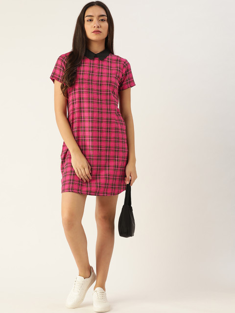 

DressBerry Pink & Black Pure Cotton Checked Mini T-shirt Dress
