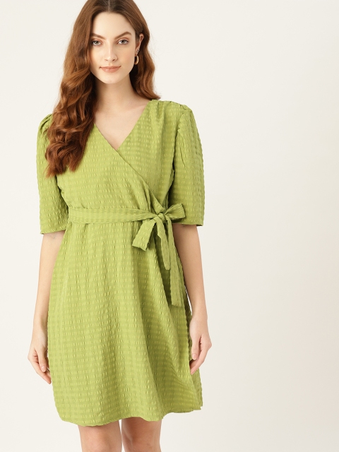 

DressBerry Green Solid Seersucker Wrap Dress