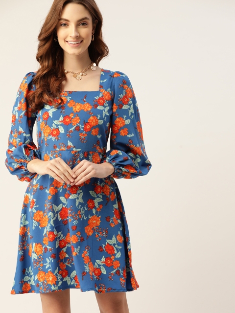 

DressBerry Blue & Orange Floral A-Line Dress
