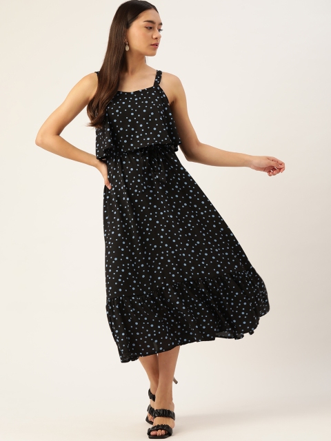 

DressBerry Black & Blue Dotted Print Layered A-Line Midi Dress
