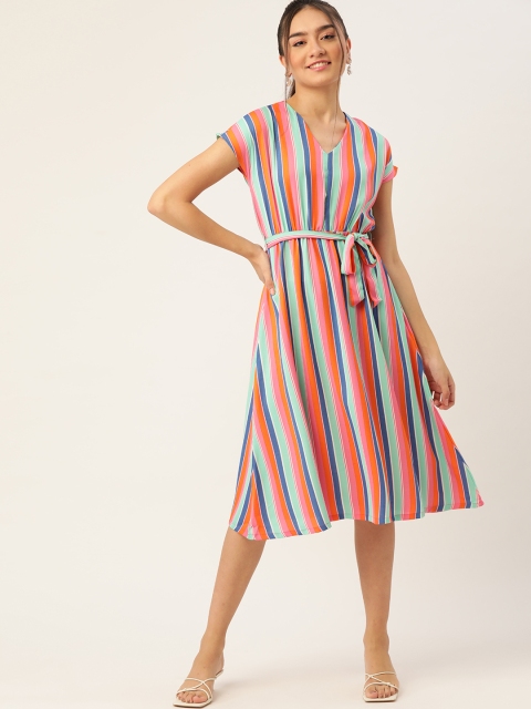 

DressBerry Multicoloured Candy Stripes A-Line Dress with Belt, Multi