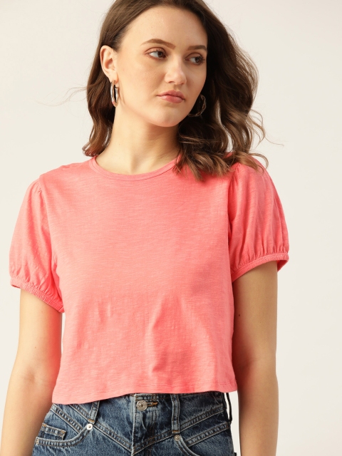 

DressBerry Pink Solid Pure Cotton Regular Crop Top