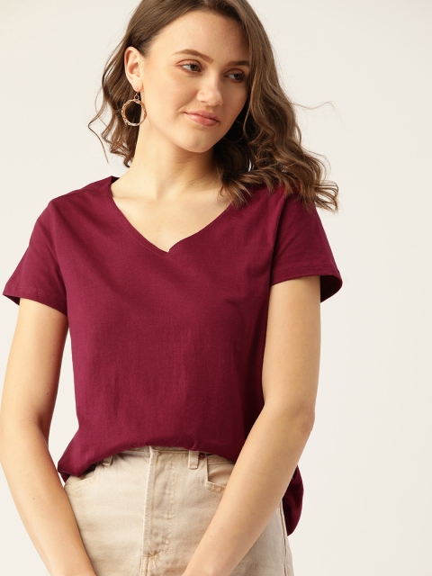 

DressBerry Women Maroon Solid Pure Cotton V-Neck Pure Cotton T-shirt
