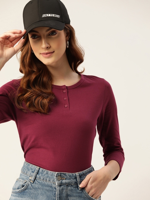 

DressBerry Maroon Pure Cotton Solid Regular Top