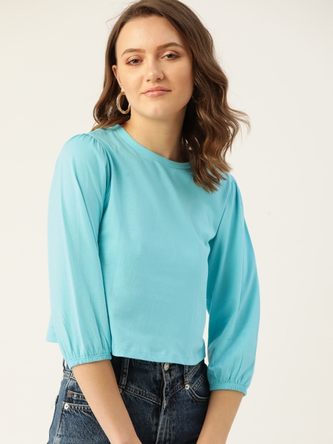 

DressBerry Blue Solid Pure Cotton Regular Crop Top