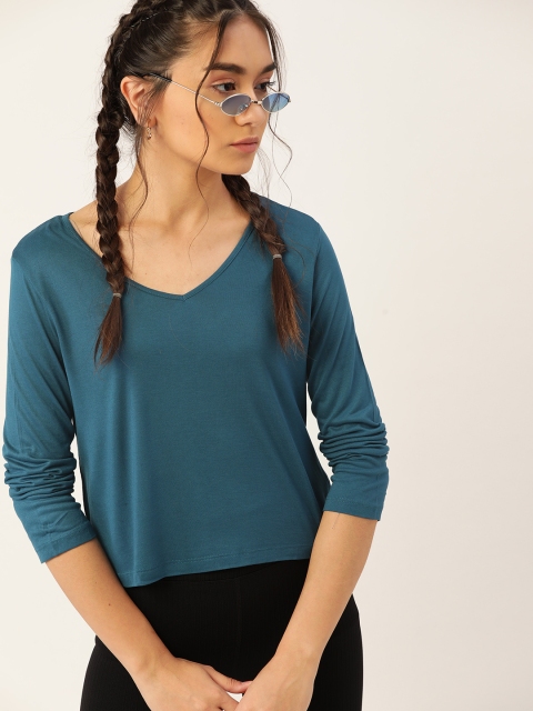 

DressBerry Women Teal Blue Solid V-Neck T-shirt