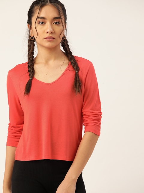 

DressBerry Women Coral Orange Solid V-Neck T-shirt