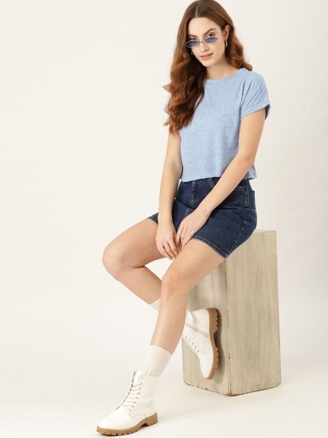 

DressBerry Women Blue Self-Design Extended Sleeves Boxy T-shirt