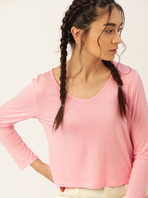 

DressBerry Women Pink Solid V-Neck T-shirt