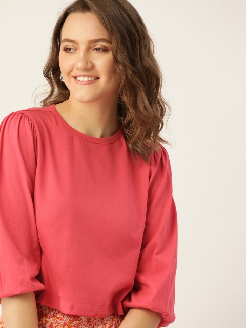 

DressBerry Pink Solid Cotton Regular Top