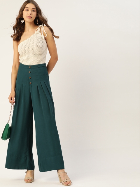 

DressBerry Women Teal Green Solid High-Rise Pleated Flared Trousers