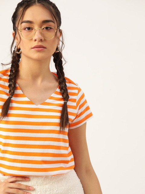 

DressBerry Women Orange White Pure Cotton Striped V-Neck Raw Edge Pure Cotton T-shirt