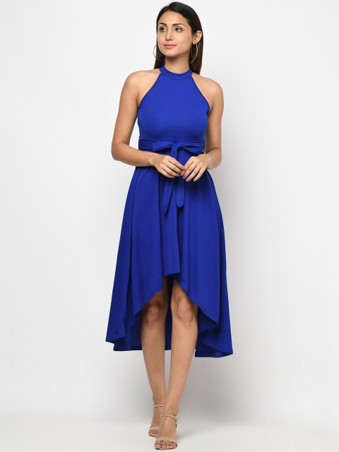 

Purple State Blue Halter Neck Knitted High Low Midi Dress