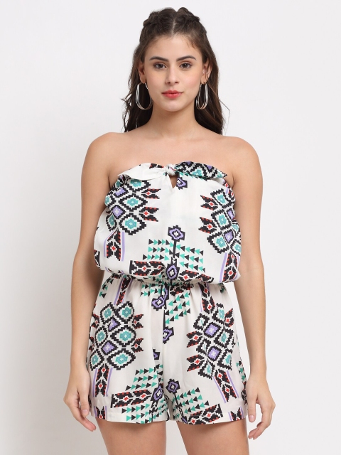 

NEUDIS White & Green Floral Printed Tube Playsuit