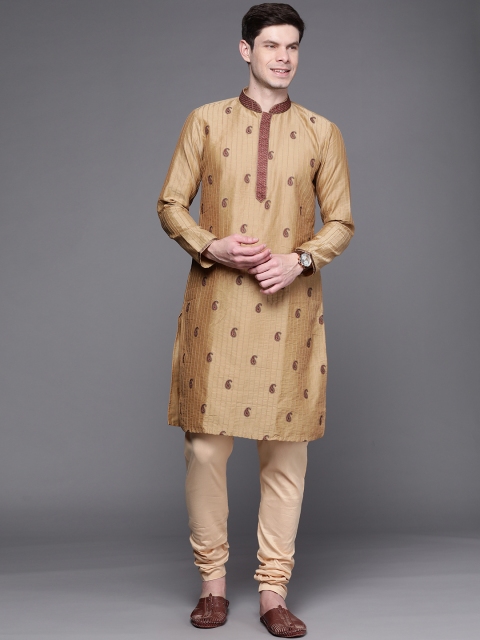 

Manu Men Brown Paisley Embroidered Regular Pure Silk Kurta with Churidar