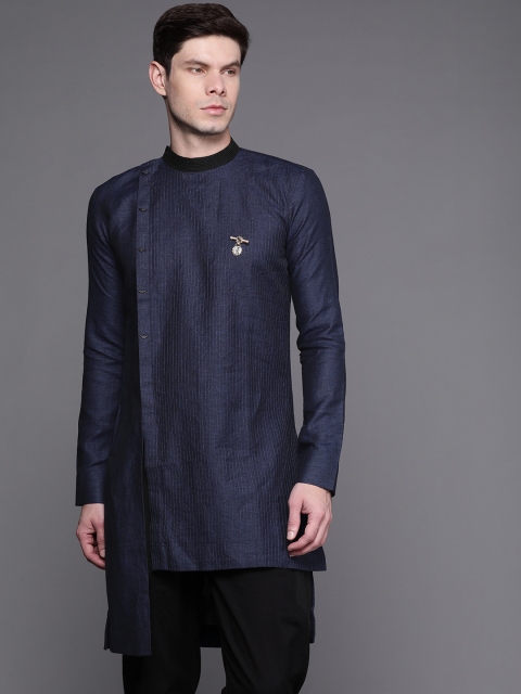 

Manu Men Navy Blue Striped Angrakha Kurta