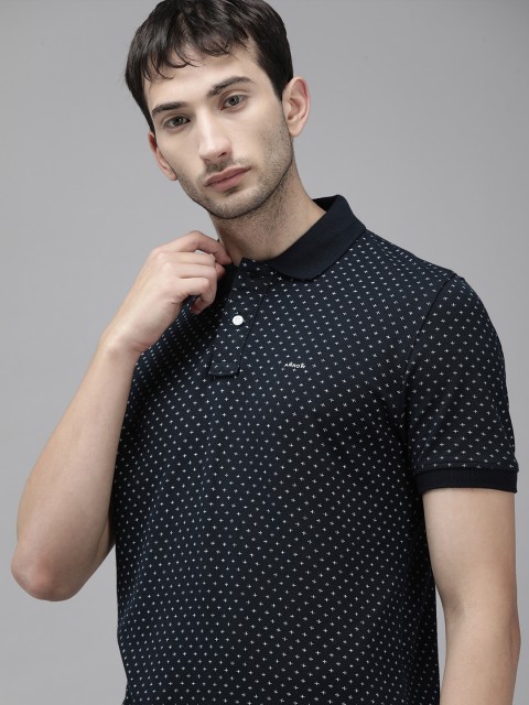 

Arrow Men Navy Blue White Geometric Printed Pure Cotton Polo Collar Casual Pure Cotton T-shirt