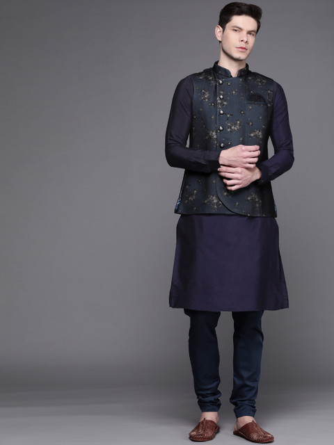

Manu Men Navy Blue Floral Kurta & Churidar with Nehru Jacket
