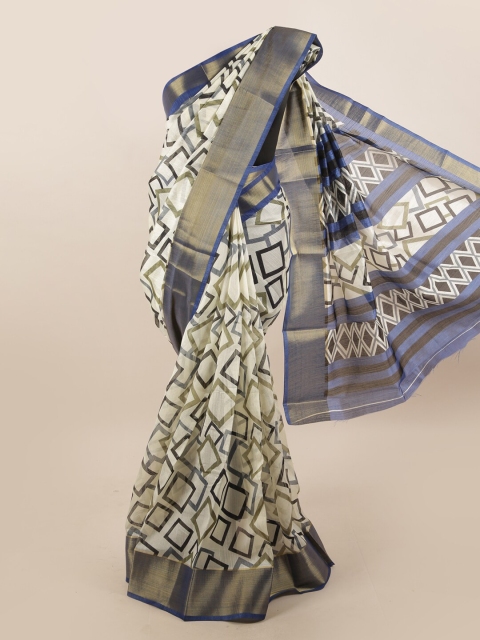 

Pothys Cream-Coloured & Navy Blue Geometric Printed Zari Saree