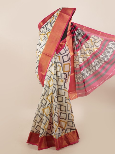 

Pothys Cream-Coloured & Fuchsia Geometric Printed Zari Saree