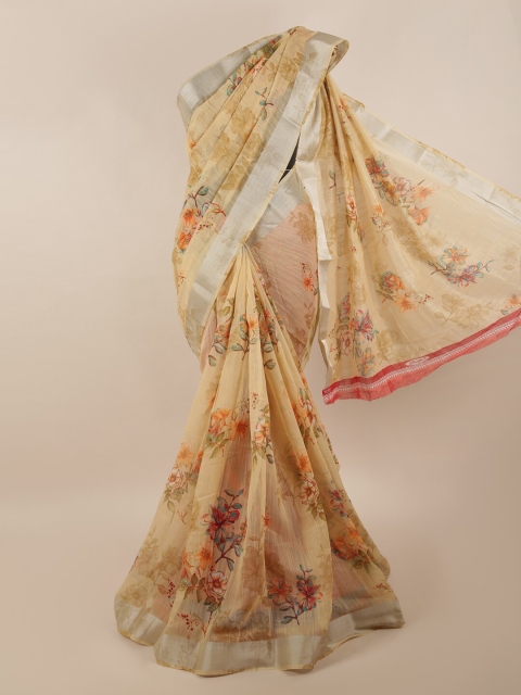 

Pothys Cream-Coloured & Orange Floral Zari Saree