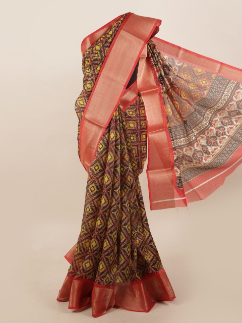 

Pothys Charcoal & Yellow Ethnic Motifs Zari Saree