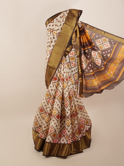 

Pothys Cream-Coloured & Brown Printed Zari Border Saree