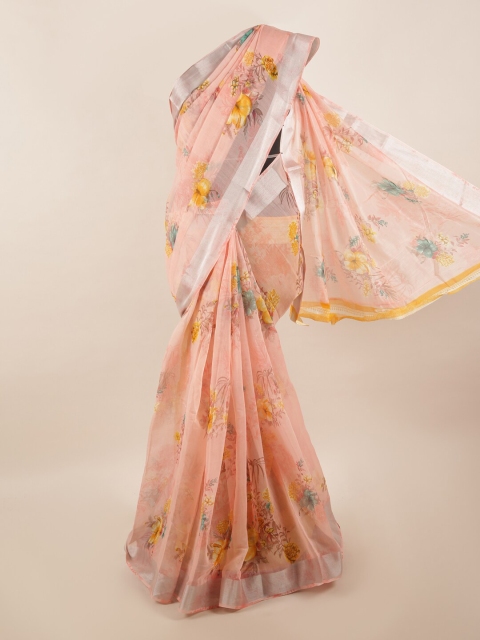 

Pothys Pink & Yellow Floral Printed Zari Border Saree