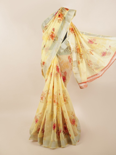 

Pothys Yellow & Orange Floral Printed Zari Border Saree