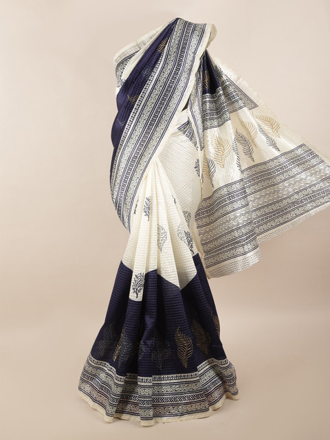 

Pothys White & Navy Blue Floral Printed Saree