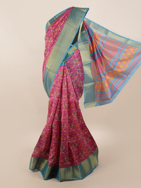 

Pothys Pink & Blue Floral Printed Zari Border Saree
