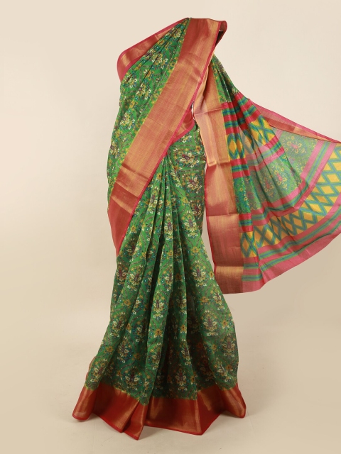 

Pothys Green & Pink Floral Printed Zari Border Saree