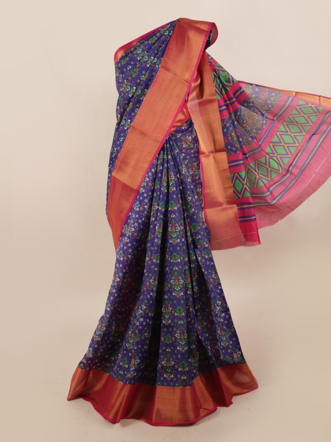 

Pothys Navy Blue & Multicoloured Floral Printed Zari Border Saree
