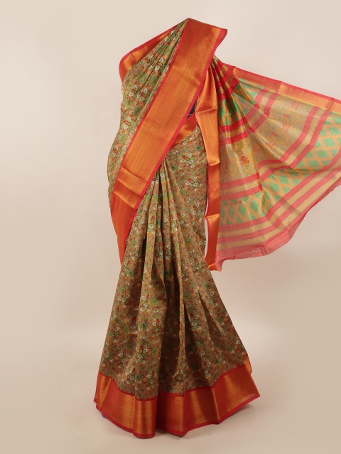 

Pothys Brown & Multicoloured Floral Printed Zari Border Saree