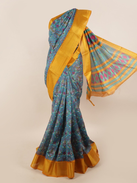 

Pothys Blue & Multicoloured Floral Printed Zari Border Saree